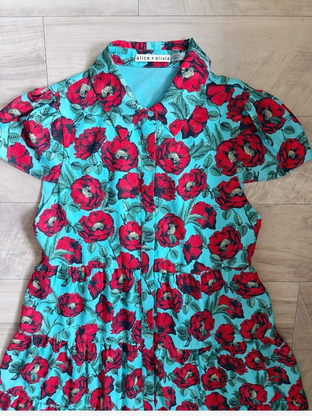 Alice + Olivia Aqua Dress with Red Floral Print - Picture 4 of 7